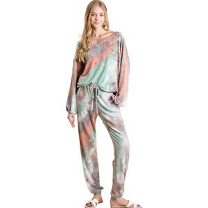 Tie Dye Lounge Set In Teal & Marsala